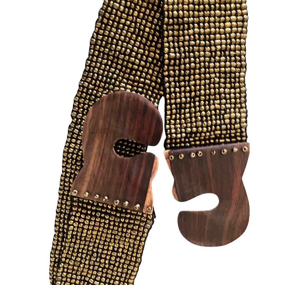 Vintage Bronze Beaded Belt Wooden Buckle Boho Western Festival. Stretch 32” XL - Picture 2 of 15